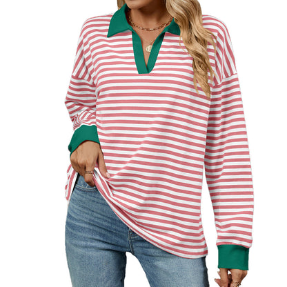 Autumn Winter Contrast Color Lapels Loose Long Sleeve Striped Sweater for