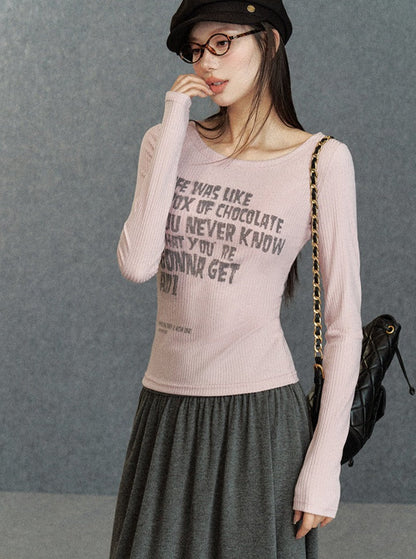 Inspirational Quote Ribbed Long Sleeve Tee: Fitted Graphic T-shirt