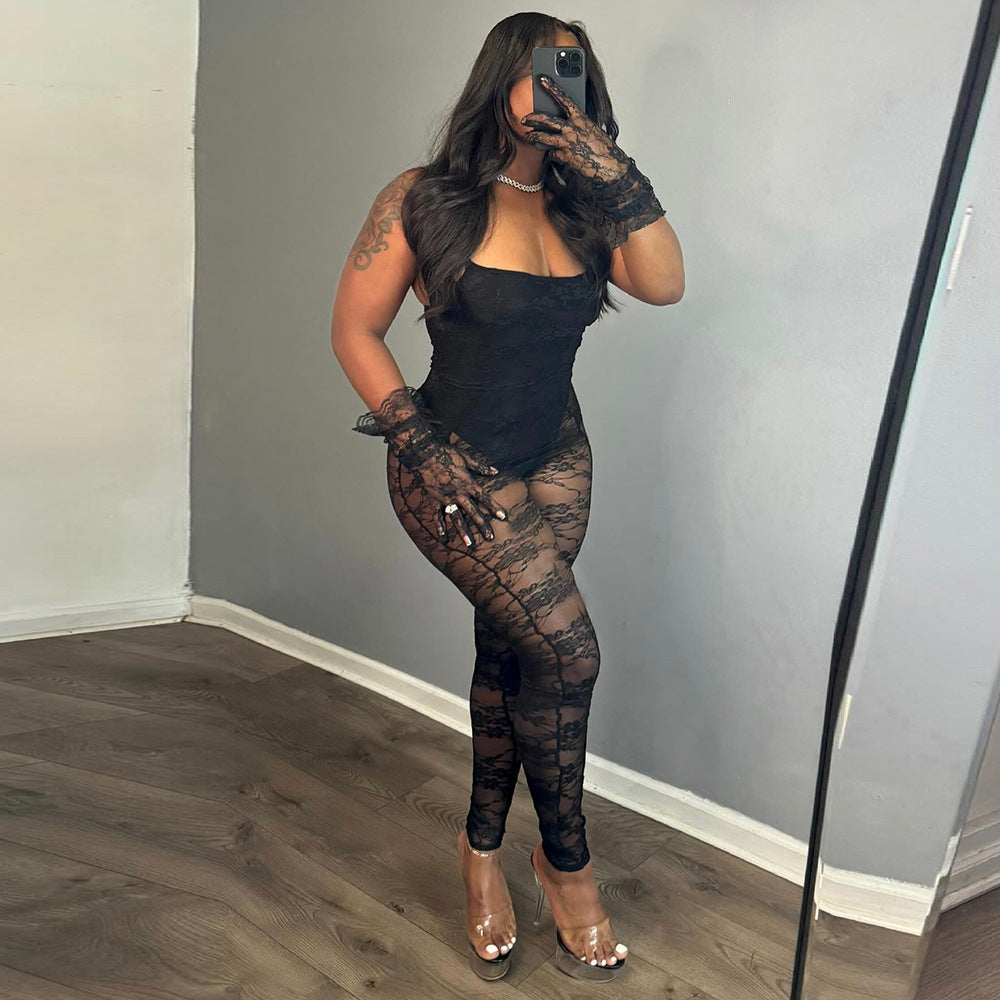 Fall Clothing Sling Stitching Sheer Cutout High Elasticity Jumpsuit