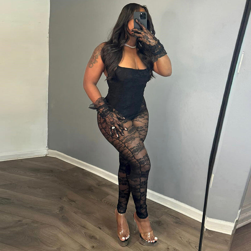 Fall Clothing Sling Stitching Sheer Cutout High Elasticity Jumpsuit