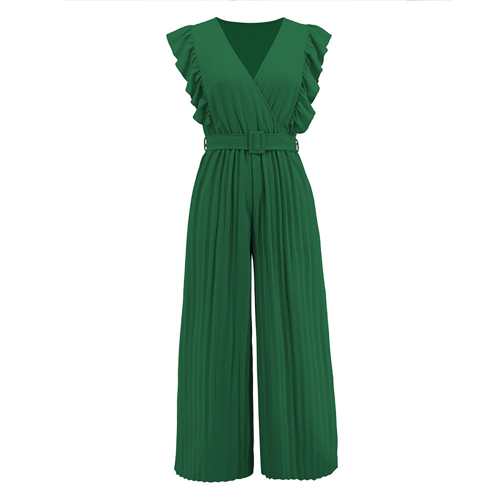 Slim Jumpsuit High Waist Sleeveless Lotus Leaf V Neck Pleated Wide Leg Skort
