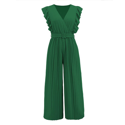 Slim Jumpsuit High Waist Sleeveless Lotus Leaf V Neck Pleated Wide Leg Skort