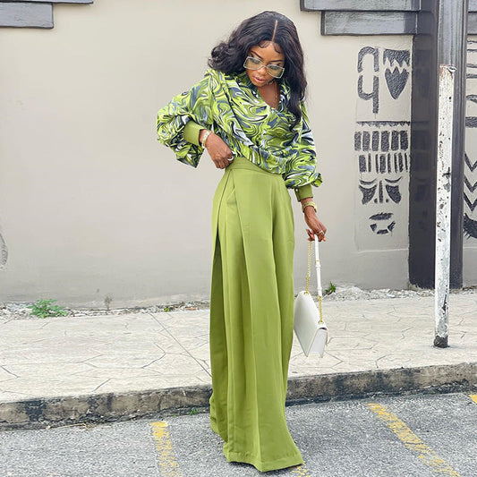 Clothing Spring Print Lantern Sleeve Shirt Wide Leg Work Pant Suit
