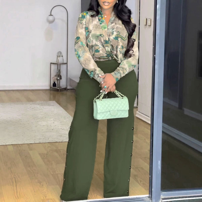 Printed V Neck Shirt Wide Leg Pants Two Piece Set