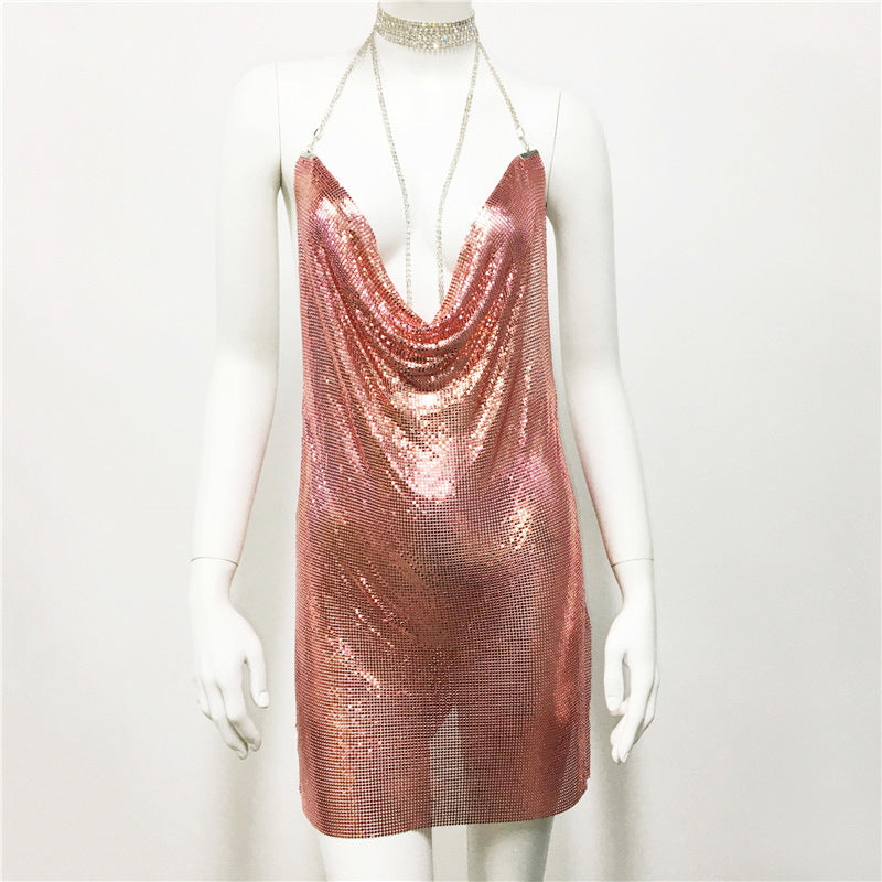 Metallic Coated Fabric Clothing Metal Sequ Dress Sweet Spicy Dress Rhinestone Cami Dress