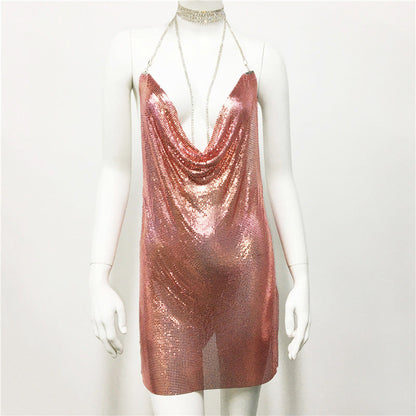 Metallic Coated Fabric Clothing Metal Sequ Dress Sweet Spicy Dress Rhinestone Cami Dress