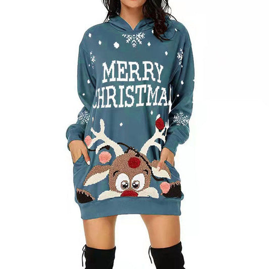Christmas Printed Long Sleeve Pocket Hooded Sweater Loose Dress