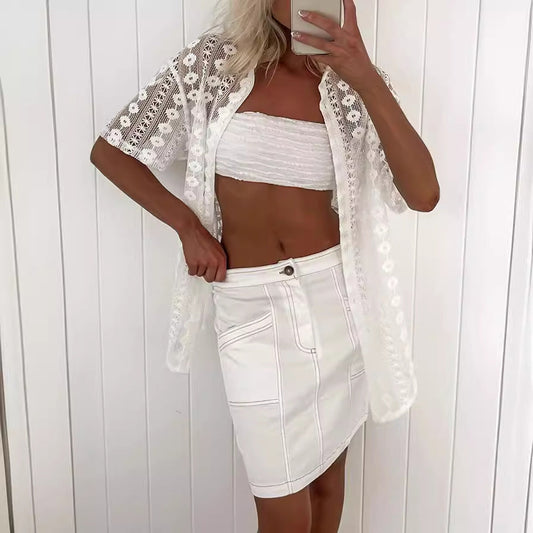 White Lace Hollow Out Cutout Short Sleeve Cardigan Shorts Two Piece Set