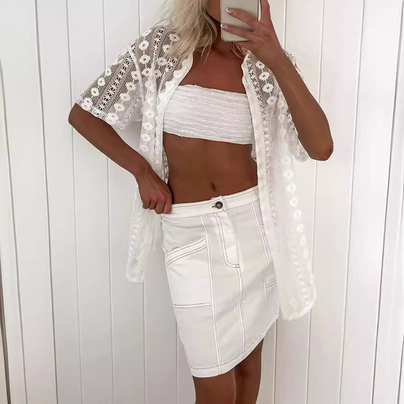 White Lace Hollow Out Cutout Short Sleeve Cardigan Shorts Two Piece Set