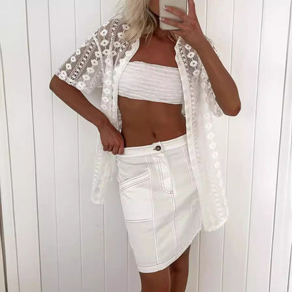 White Lace Hollow Out Cutout Short Sleeve Cardigan Shorts Two Piece Set