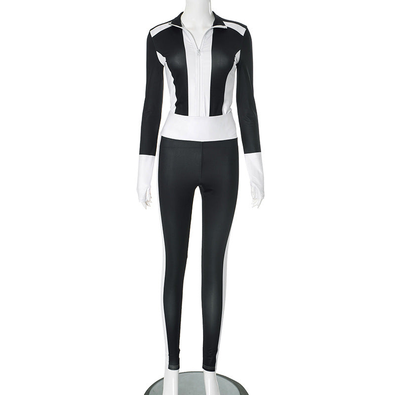 Clothing Autumn Winter Contrast Color Stitching Finger Fit Design Zipper Collared Cardigan Tight High Waist Suit