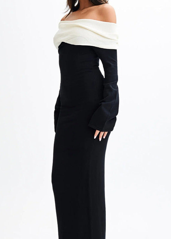 Noir Elegance - Off-shoulder Contrast Maxi Dress