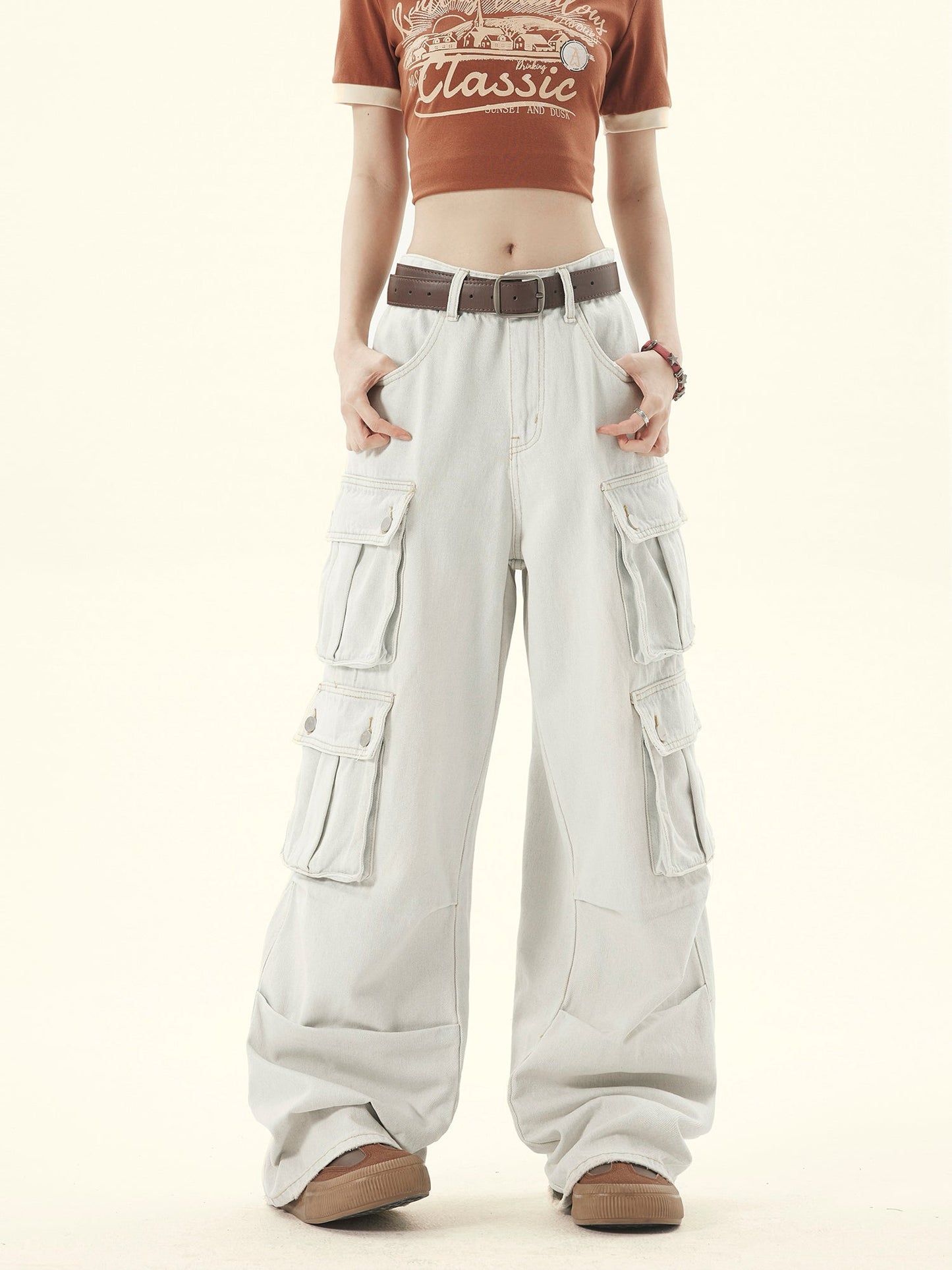 Light-washed Denim Wide-leg Cargo Pants