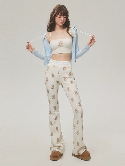 Bear Print Pants With Subtle Flare Leg