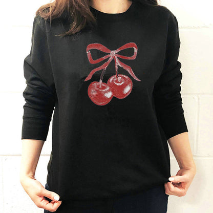 Street Hipster Bow Cherry Drop Shoulder Loose Long Sleeve Sweatershirt Autumn Winter Clothing