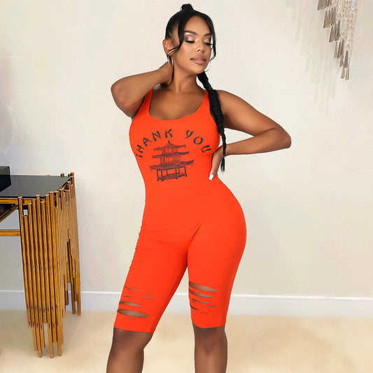 Summer Clothing Sports Printed Hollow-out Ripped for Romper