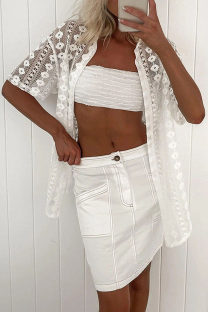 White Lace Hollow Out Cutout Short Sleeve Cardigan Shorts Two Piece Set