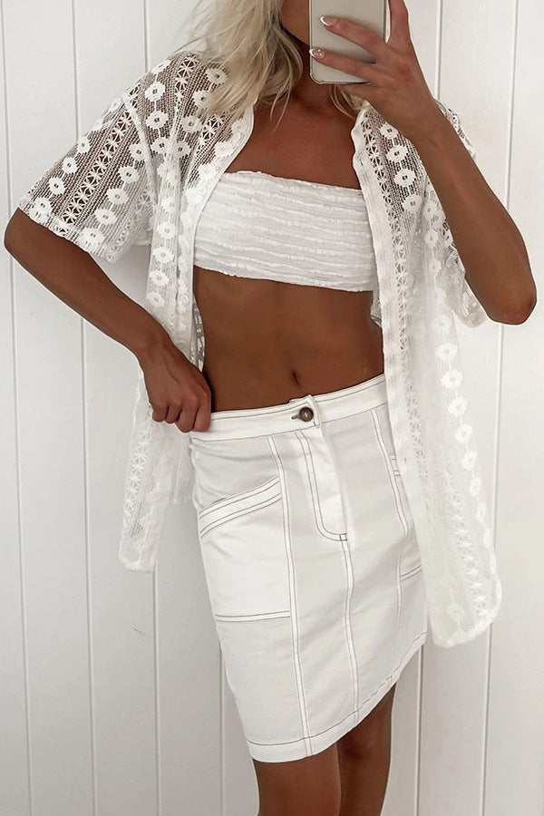 White Lace Hollow Out Cutout Short Sleeve Cardigan Shorts Two Piece Set