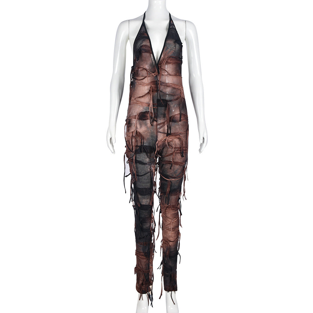 Cutout Long Halter Ripped Beggar Cloth Jumpsuit
