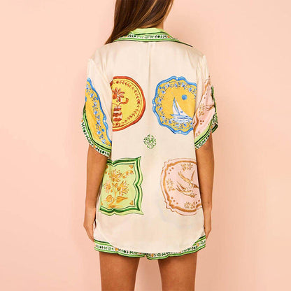 Clothing Printed Shirt Elastic Waist With Pocket Button Shorts Set
