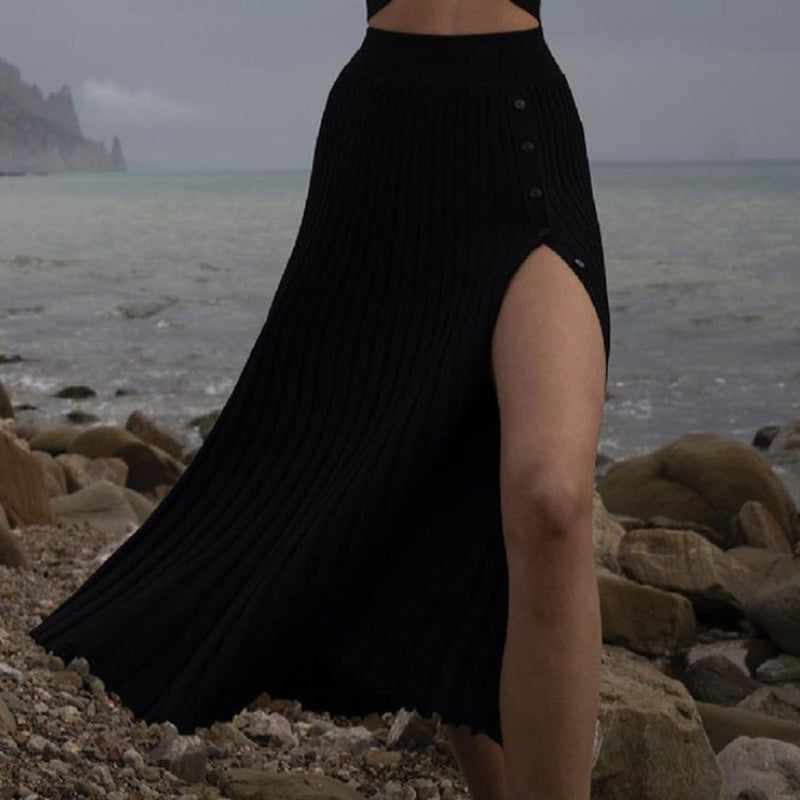 Autumn Winter Slit Sweater Pleated Skirt Lace-up Sweater Suit for