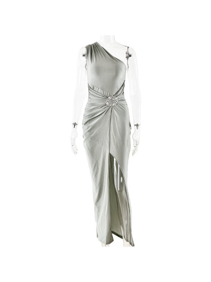 One Shoulder Sleeveless High Slit Buckle Maxi Dress