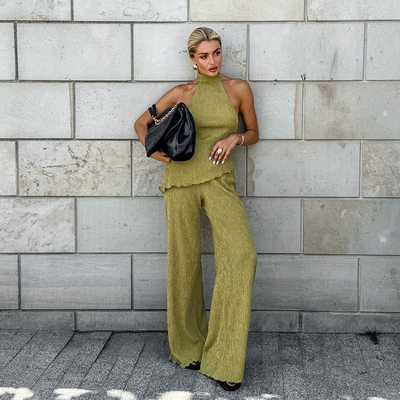 Spring Summer Design Green Sleeveless Halter Vest Wide Leg Pants Two Piece Set Office