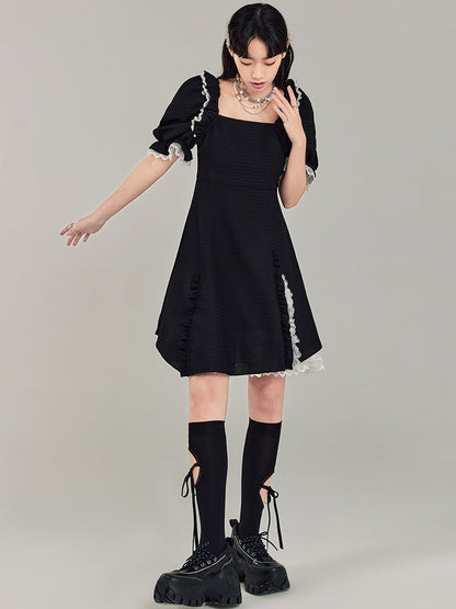 Puff Sleeve Black Square Neck Dress