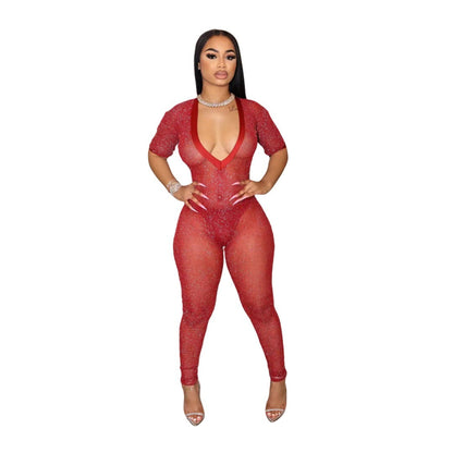 Clothing Semi Transparent Large V Neck Jumpsuit