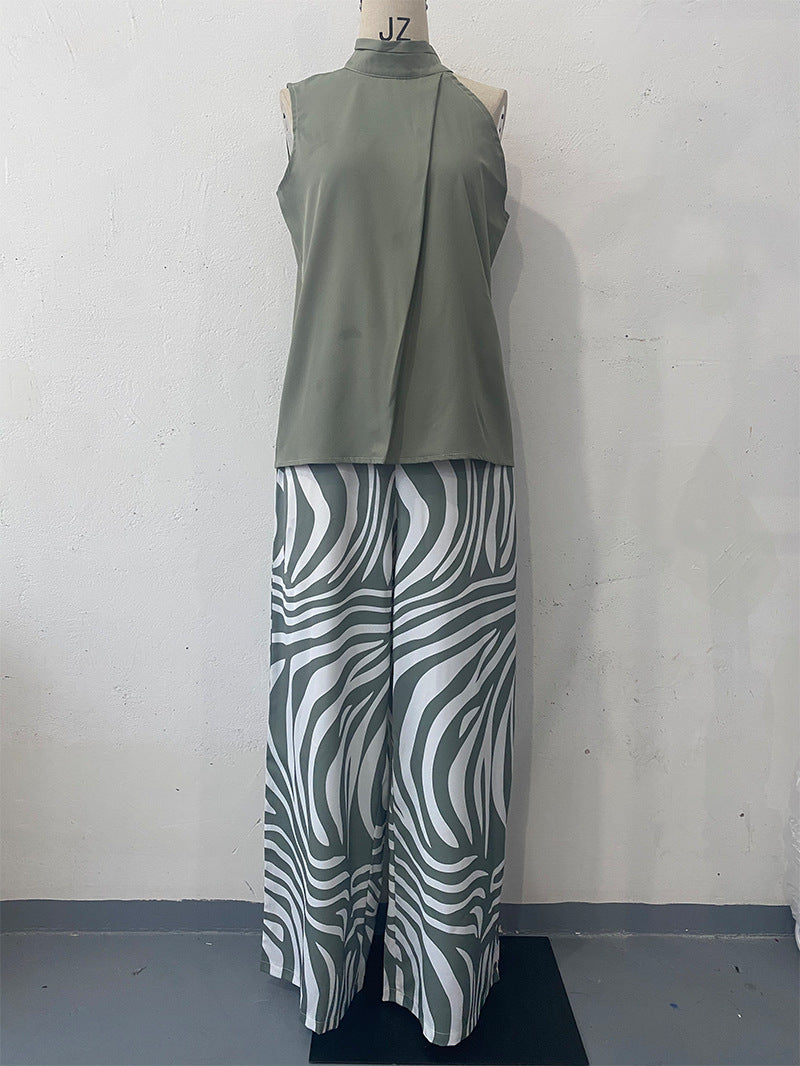 Summer Sleeveless Halter Top Zebra Print Wide Leg Pants Two Piece Set Clothing