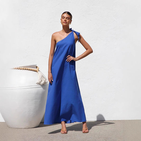 Summer Shoulder Lace Up Color a Swing Maxi Dress