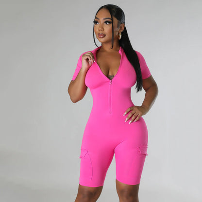 Summer Clothing Tight Short Sleeve Color Jumpsuit for