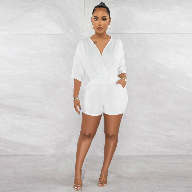 Color V Neck Fitted Waist Jumpsuit Shorts