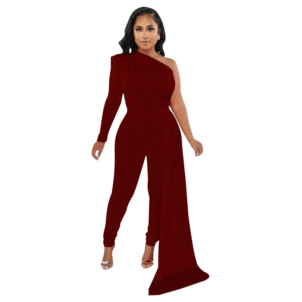 Autumn Pleated Shoulder Color Tight Jumpsuit