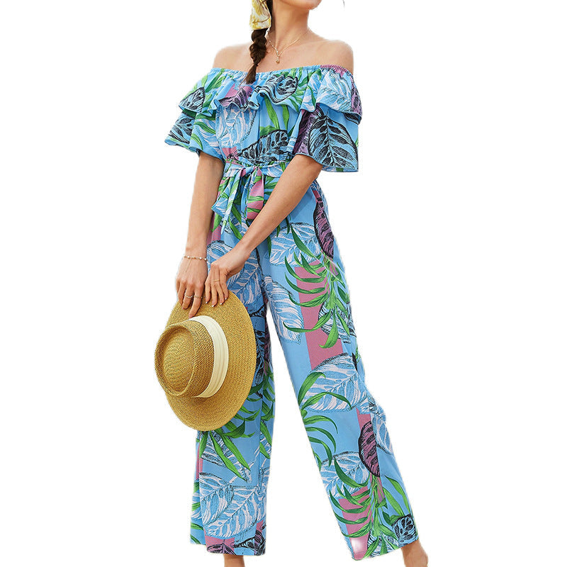 Clothing Off-shoulder Jumpsuit Summer Short Sleeve Chiffon Vacation Beach Jumpsuit