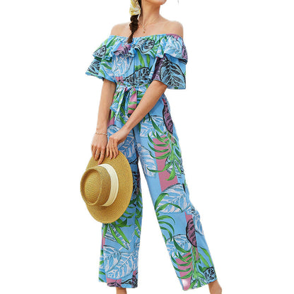 Clothing Off-shoulder Jumpsuit Summer Short Sleeve Chiffon Vacation Beach Jumpsuit