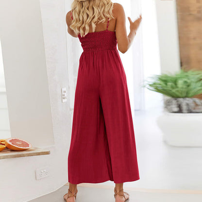Summer Color Suspender Trousers Waist Trimming Spaghetti Straps Long Wide Leg Pants Jumpsuit