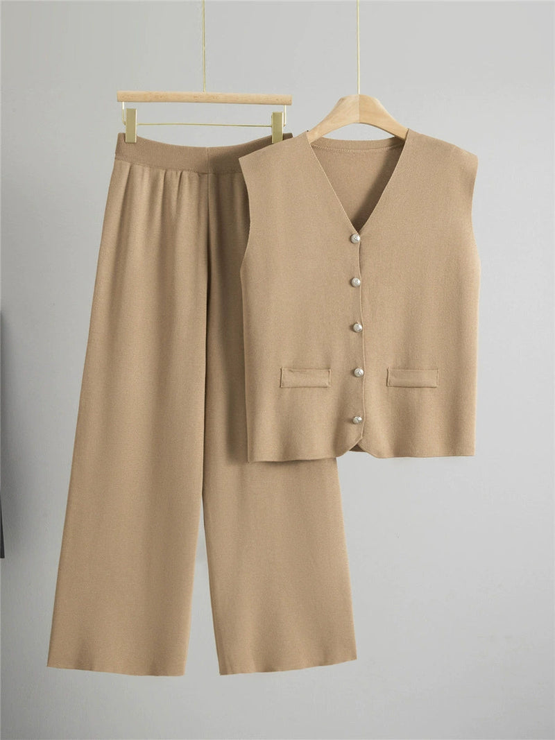 Khaki – Loose Cardigan Sleeveless Two-piece Set