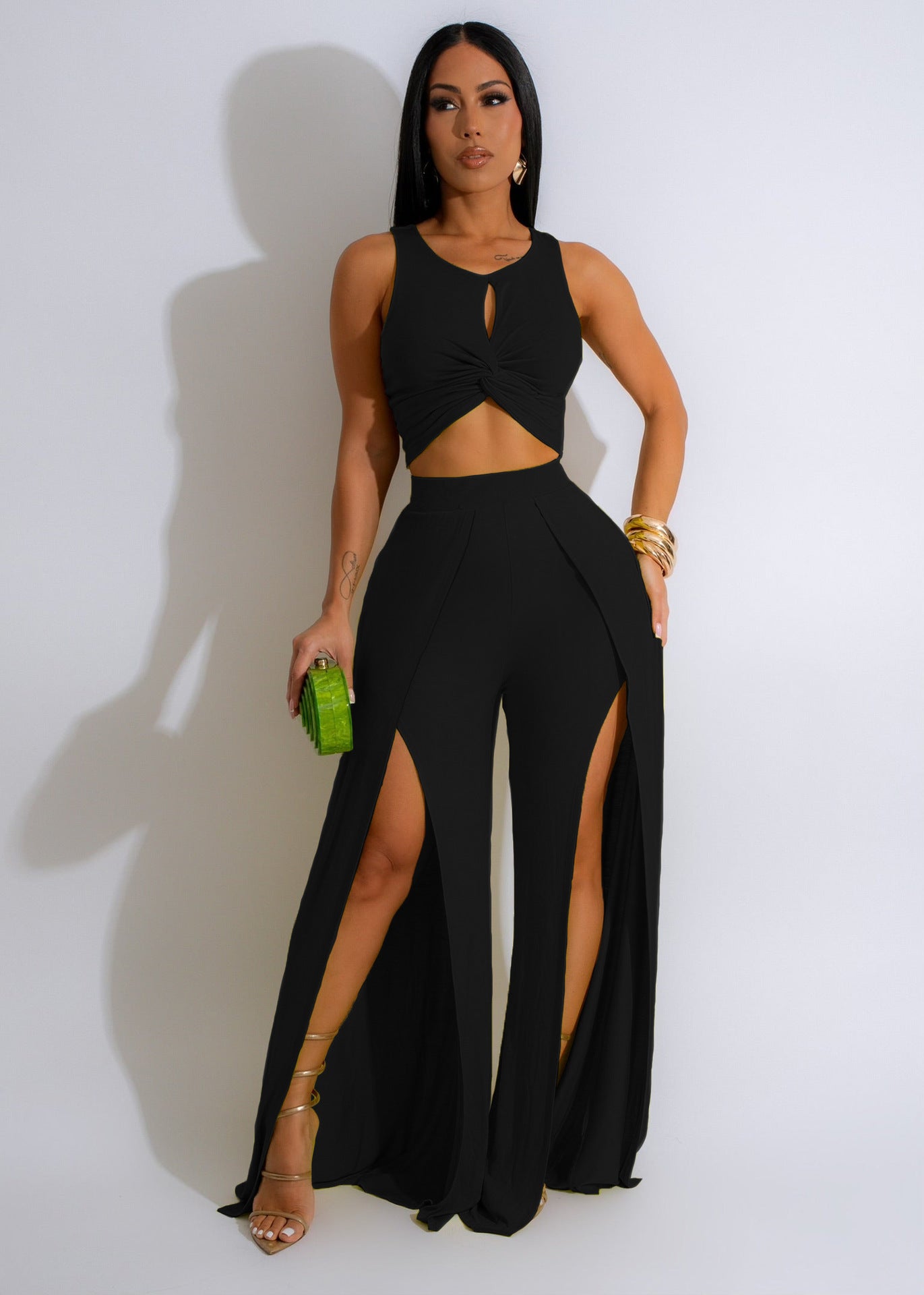Wear Suit Split Vest Wide Leg Pants Two Piece Set