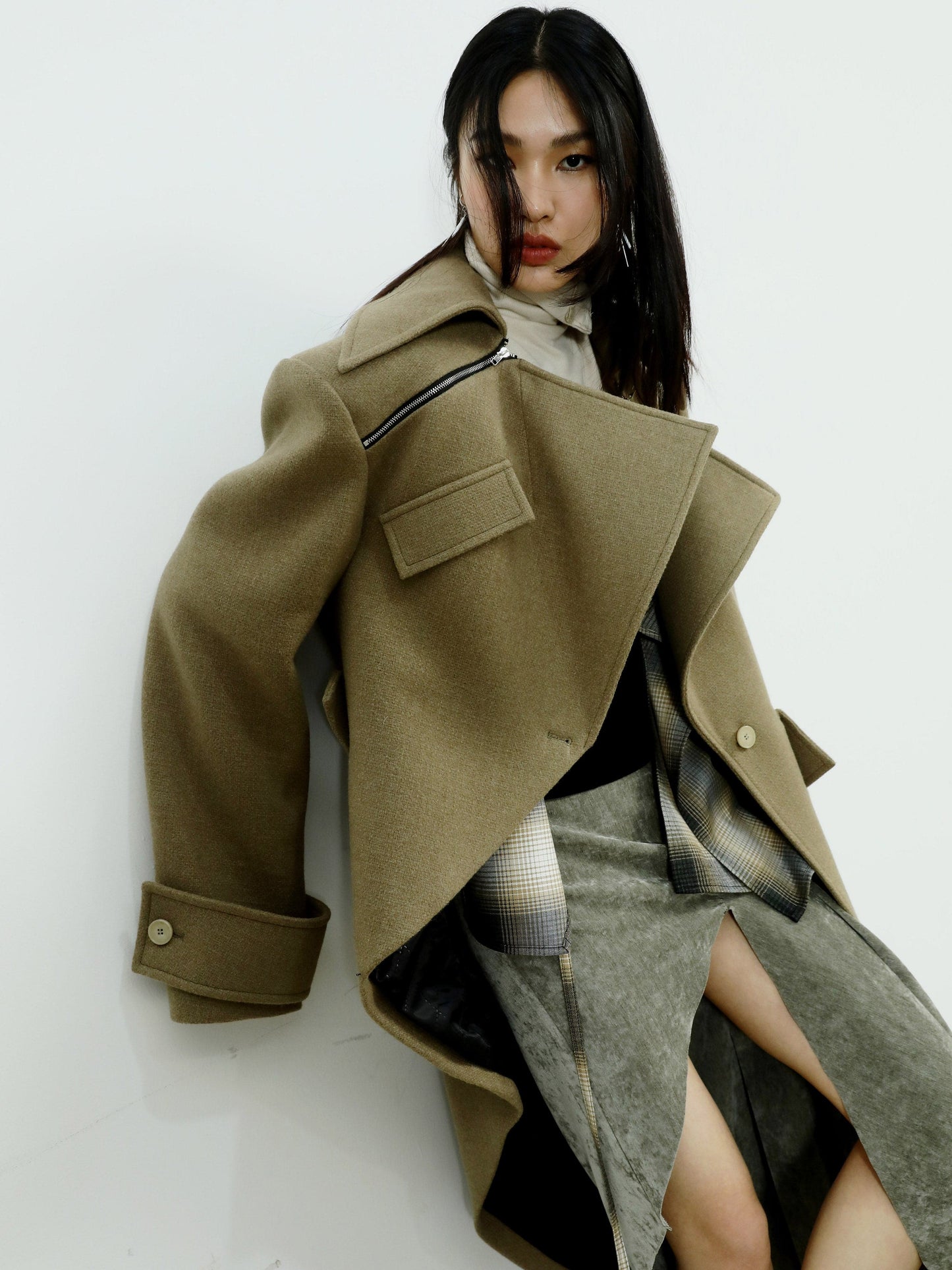 Asymmetric Woolen Coat With Faux Layered Look
