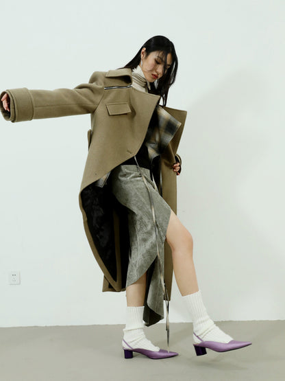 Asymmetric Woolen Coat With Faux Layered Look