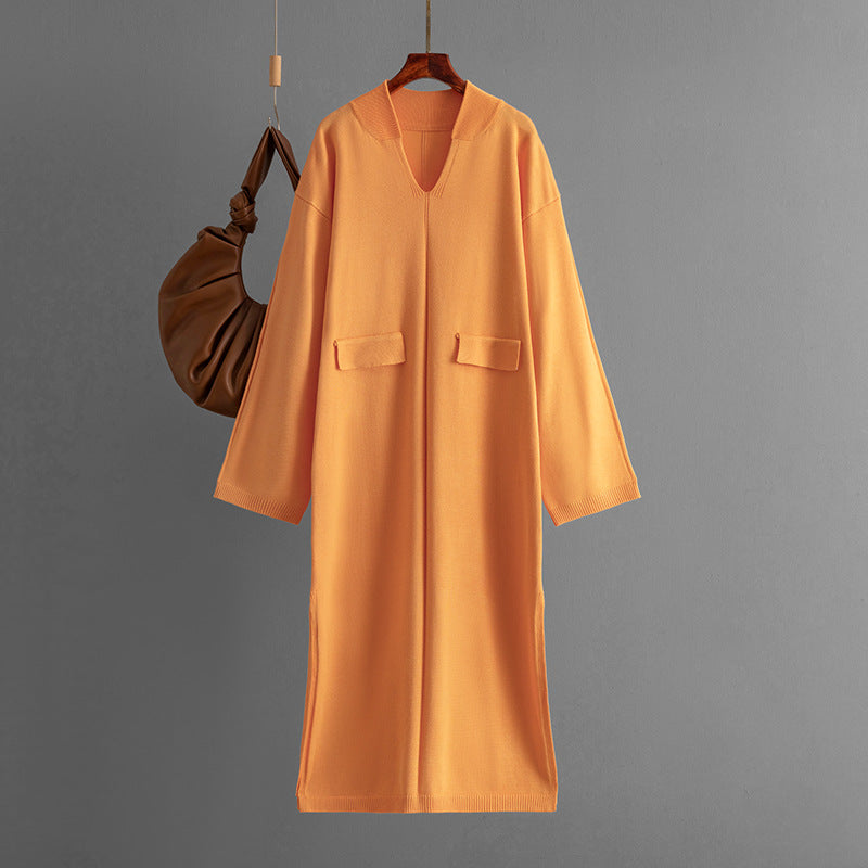 Autumn Winter V Neck Color Loose Knitted Dress Split Long Sleeve Long Dress