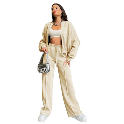 Autumn Winter Color Zipper Cardigan Sweater Straight Pants Set
