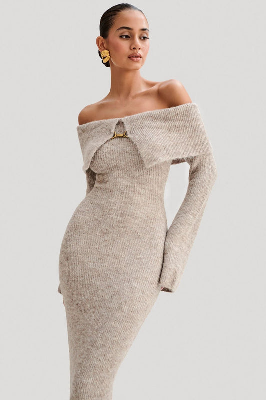 Slim Fitted Off-shoulder Long Sleeve Sweater Dress