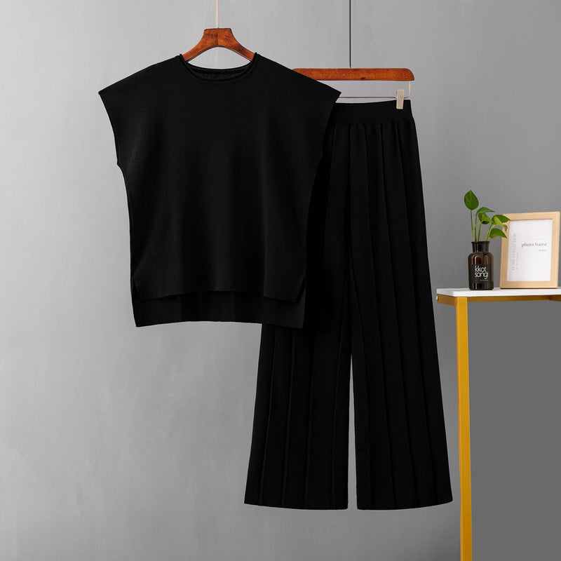Summer Color Sleeveless Vest Sweater Wide Leg Pants Ice Silk Sets
