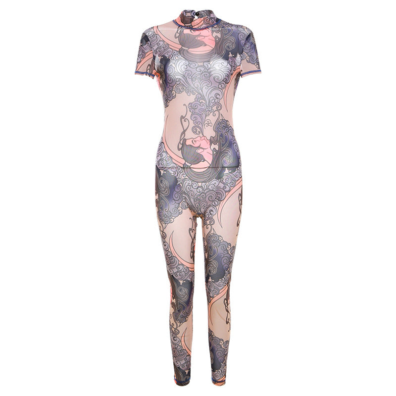 Summer Clothing See Through Mesh Print Hollow Out Cutout Backless Tight Jumpsuit