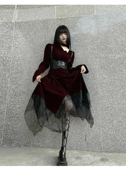 Ladyghost Gothic Victorian Maxi Dress - Burgundy Velvet and Black Mesh Layered Gown With Corset Belt