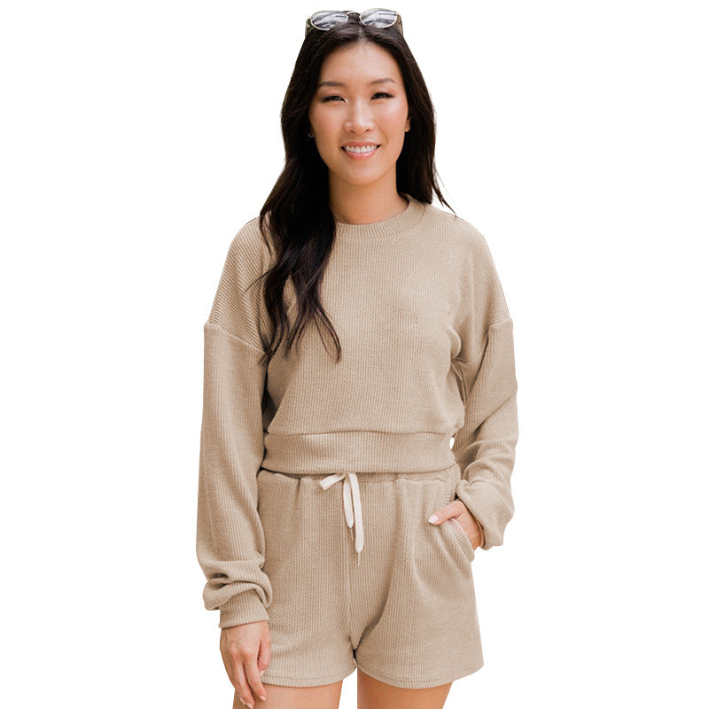 Autumn Winter Color Round Neck Pullover Long Sleeve Sweater Shorts Suit