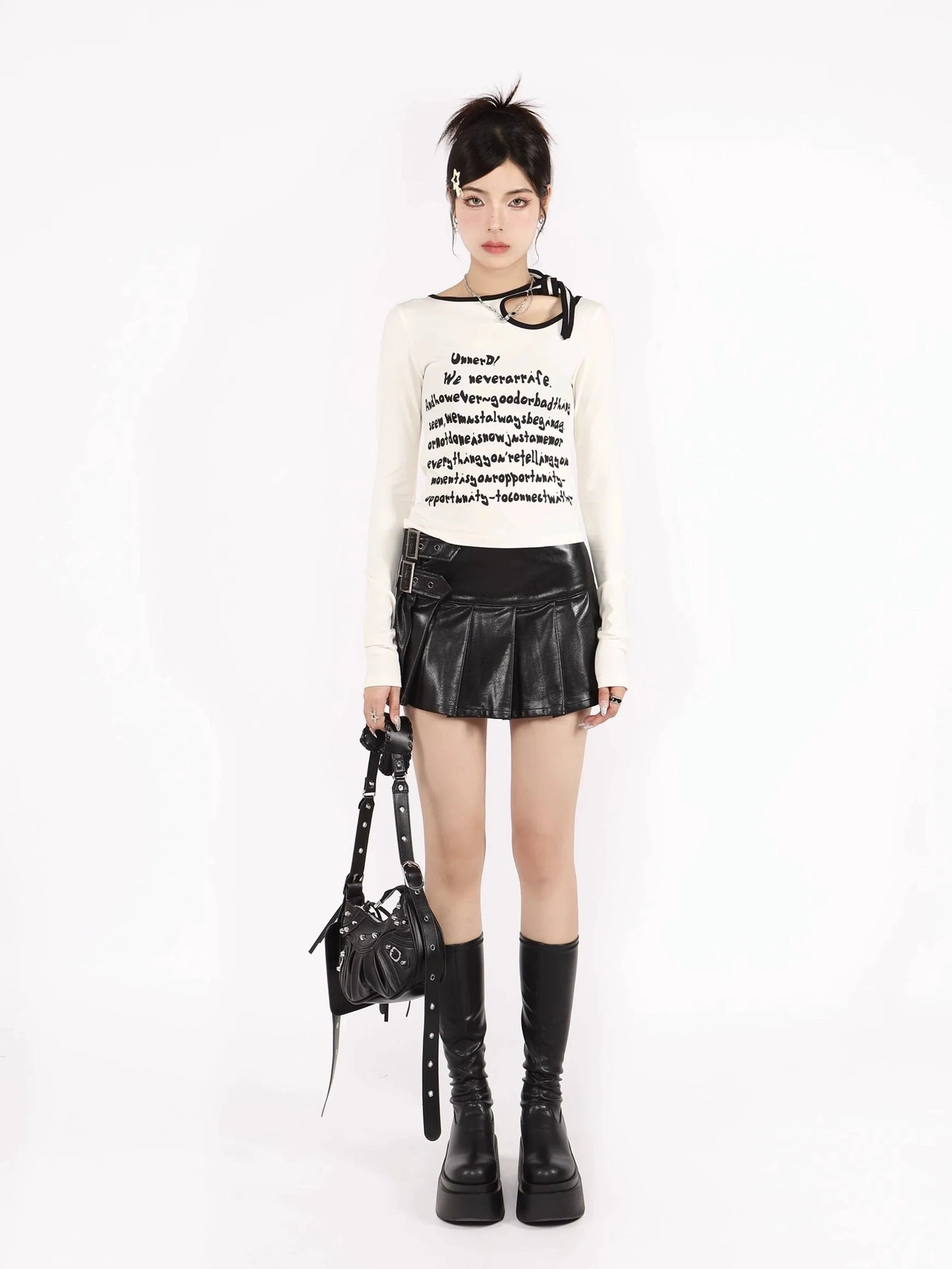 Buckled Leather Pleated Mini Skirt