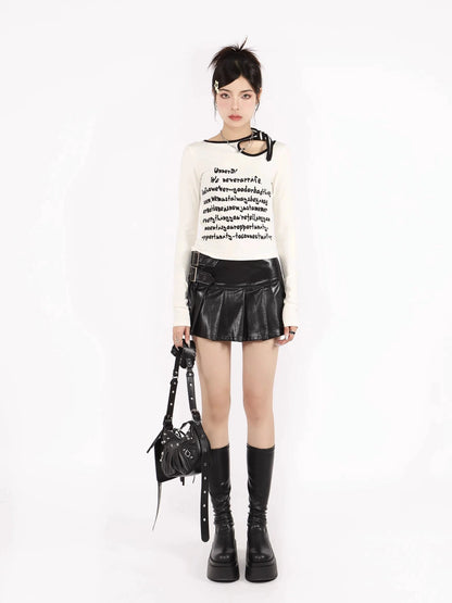 Buckled Leather Pleated Mini Skirt